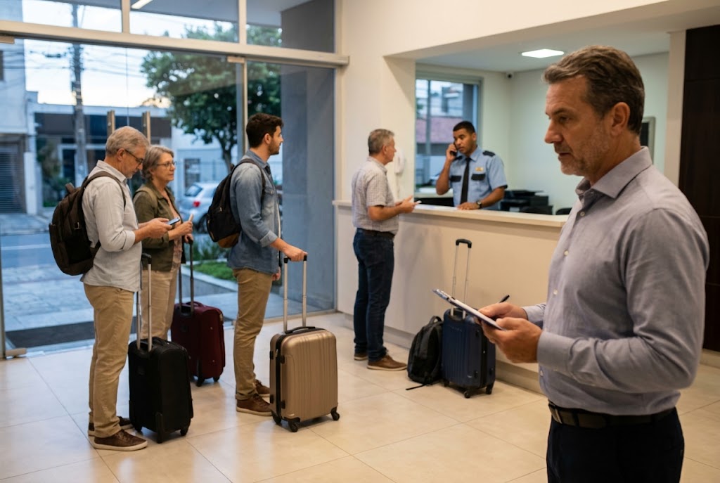 Mala de rodinha no hall o sindico e o Airbnb